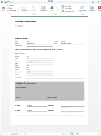 Kursbestätigung für Platzierung